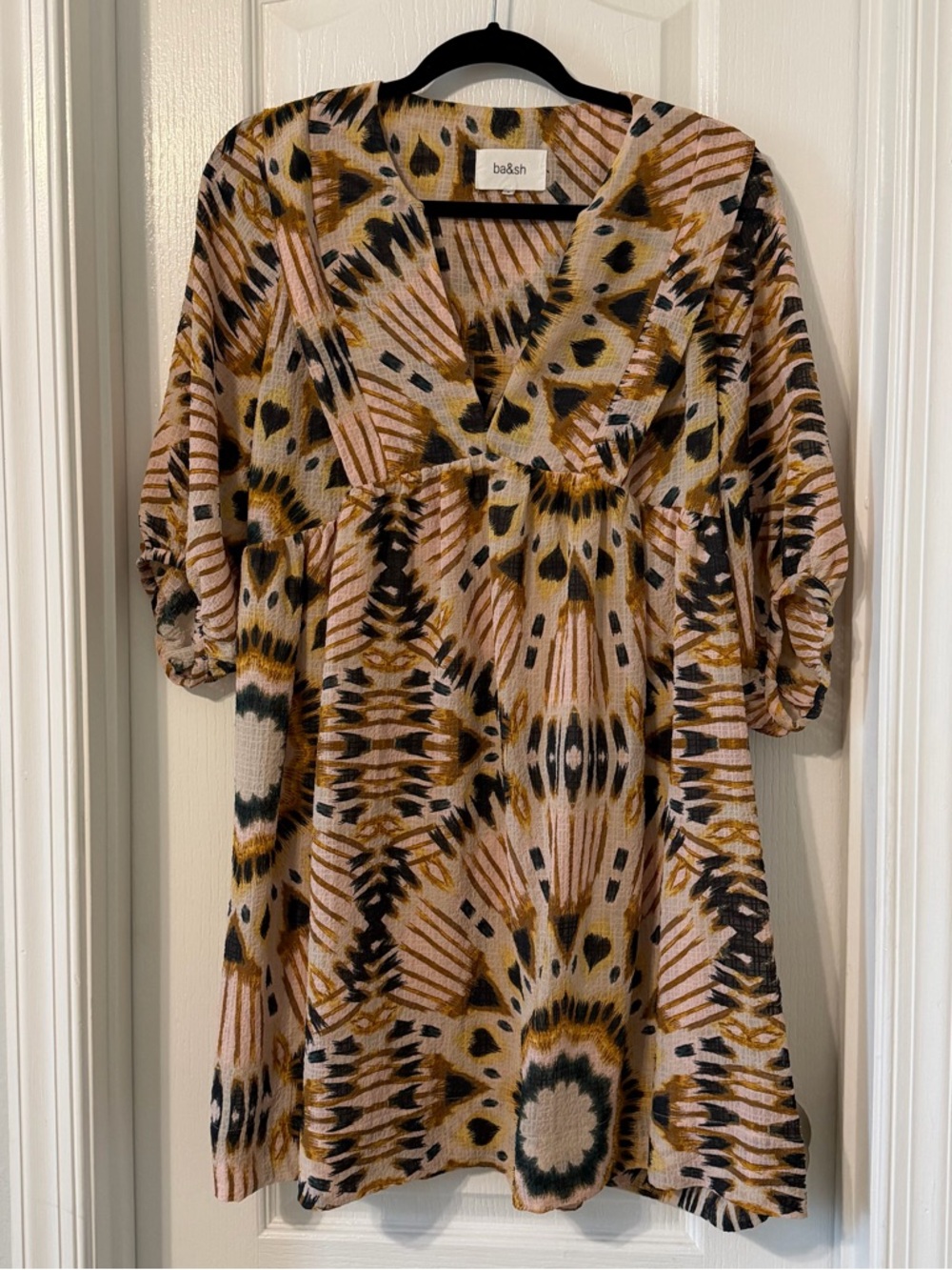 ba&sh Cleo Ikat Patterned Print V-Neck Mini Dress Sz 4, XL